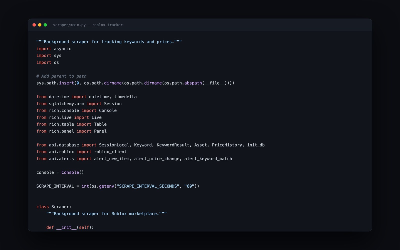 Async background scraper source code for the marketplace tracker